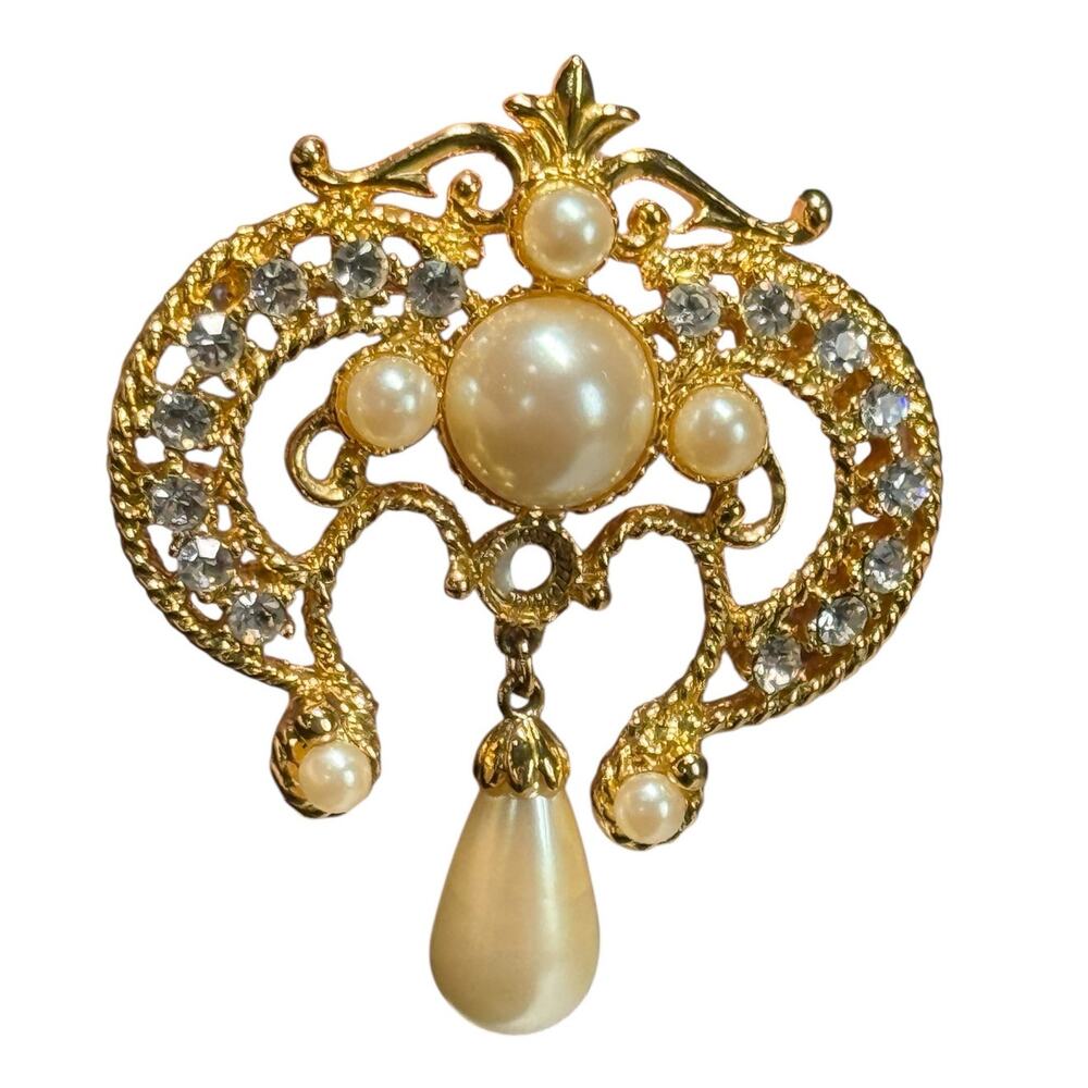 Vintage Gold Tone Faux Pearl Drop Dangle Brooch Filagree Regency Art Deco Pin 2"